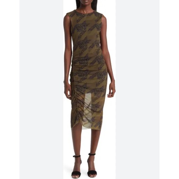 AllSaints Dresses & Skirts - AllSaints Women Olive Green Mesh Houndstooth Floral Ruched Midi Dress US 10